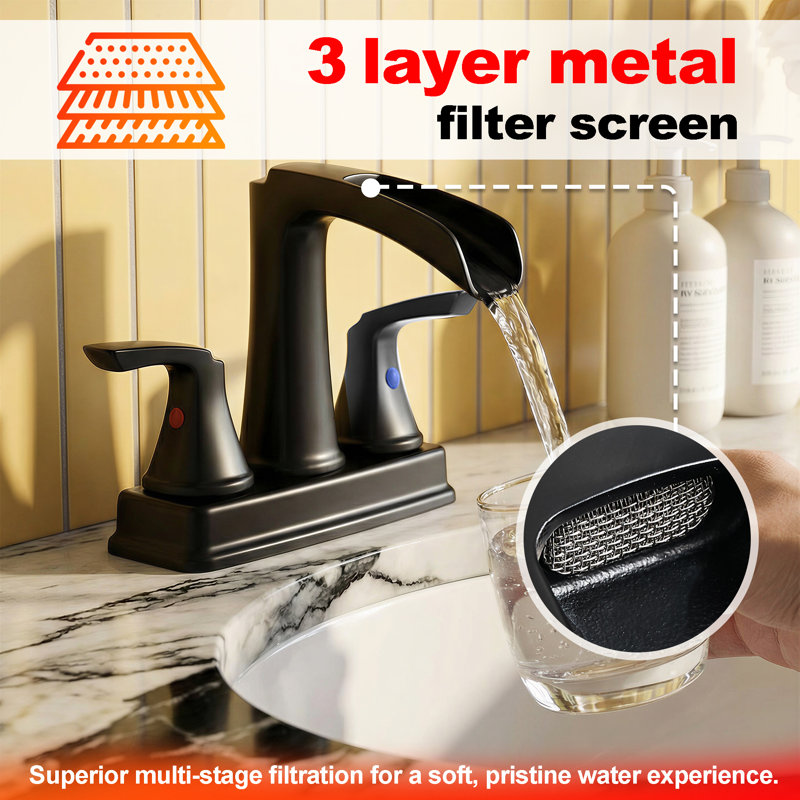 Widespread Bathroom Faucet 3-Hole, 2-Handle Waterfall Sink Faucet With 360° Swivel Spout And Drain Assembly, Matte Black
