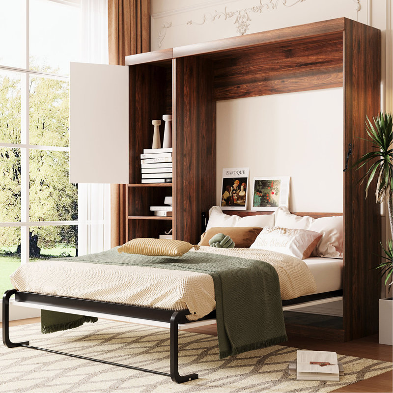 Lit double blanc avec armoire de rangement, multifonctionnel pour économiser de l'espace au sol dans le lit escamotable, solution économique pour un sommeil et un soutien confortables