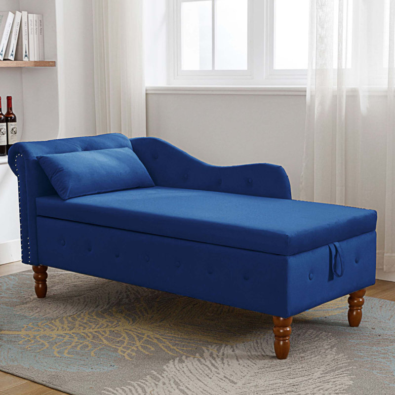 Ifrain Chaise Lounge Indoor,Velvet Lounge Chair for Bedroom with Storage & Pillow,Modern Upholstered Rolled Arm Chase Lounge for Sleeping with Nailhead Trim for Living Room Bedroom Office