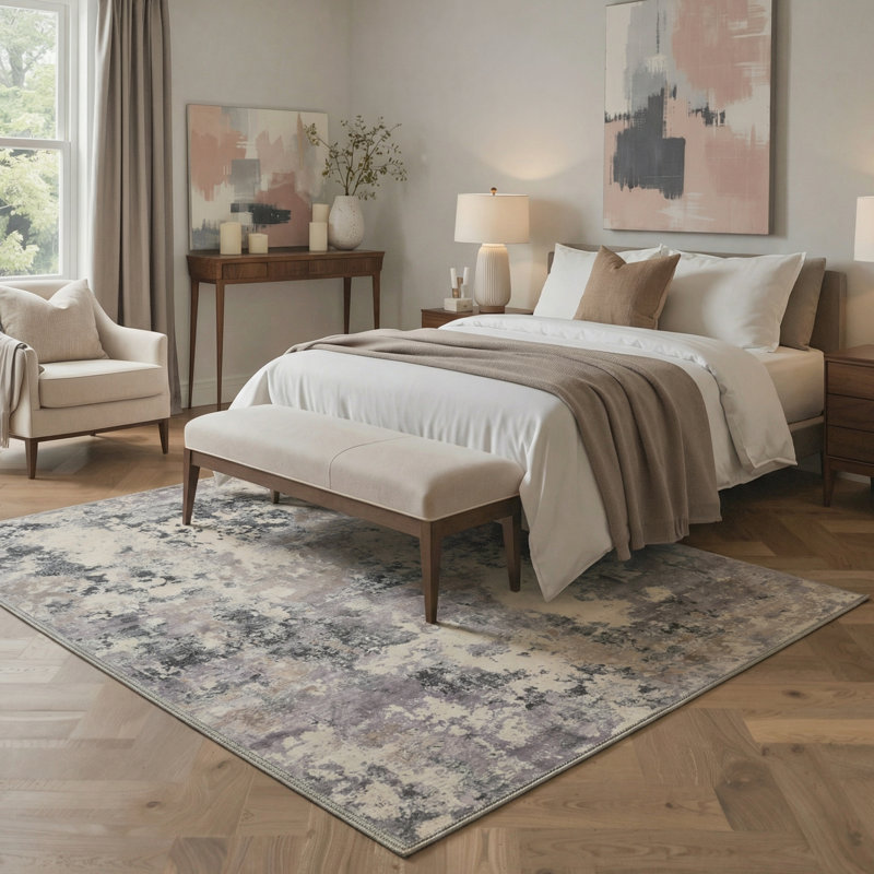 Tapis mauve / gris à motif abstrait lavable à la machine avec envers antidérapant Mignone, Rectangle 9' x 12'