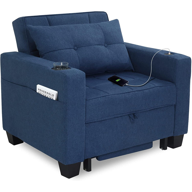 Latitude Run 36.6" Wide Convertible Chair 3-In-1 Pull Out Sleeper Futon Chair Beds with USB, Navy Blue 100% Linen