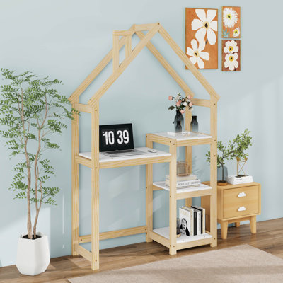 Bureau simple en bois en forme de maison, table d'étude pour enfants avec bibliothèque et rangement pour jouets, bois de pin, assemblage facile