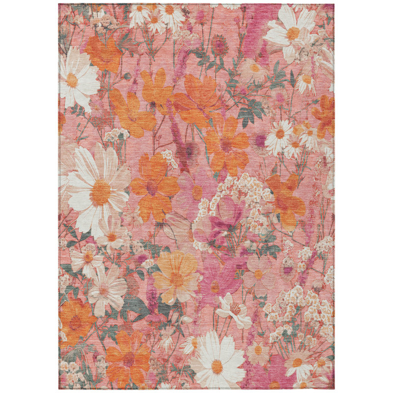 Tapis intérieur lavable floral rose et orange 9 pi x 12 pi rosé
