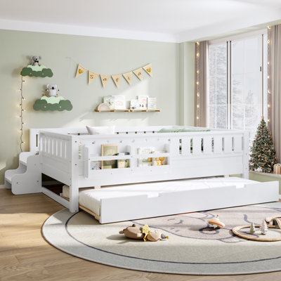 Lit plateforme double avec tablettes intégrées, petit escalier et rails de sécurité de haute qualité, lit gigogne escamotable pour enfants / adolescents - blanc
