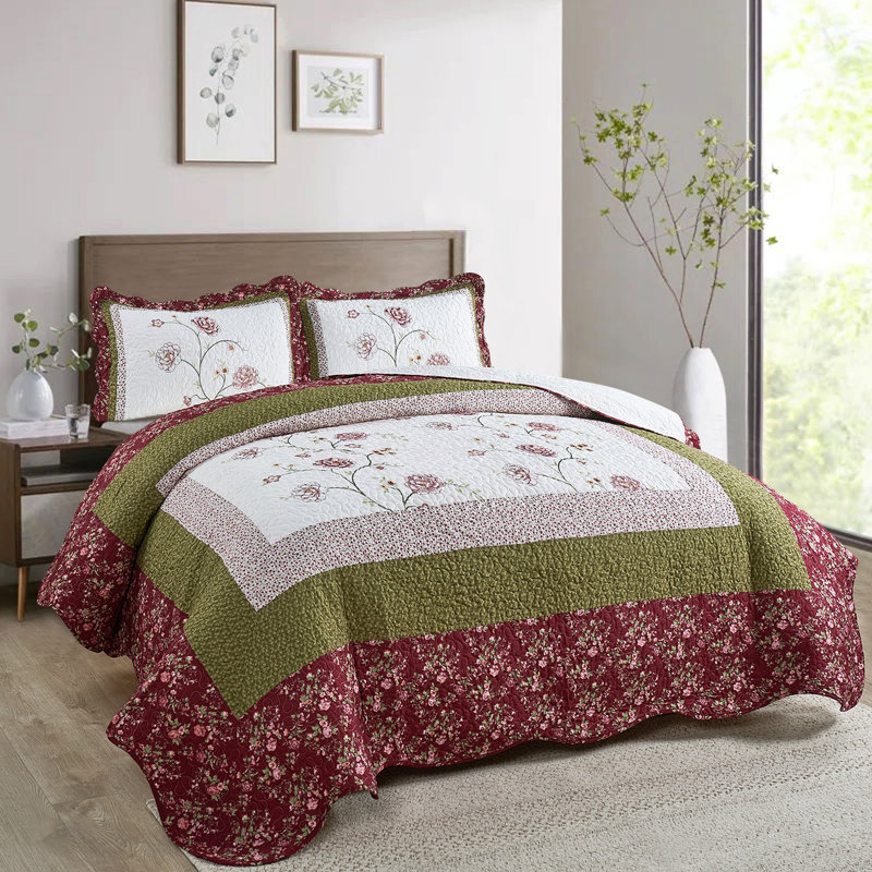 Polyester Floral Bedspread with Pillow Shams Included, Burgundy, King Coverlet + 2 King Shams