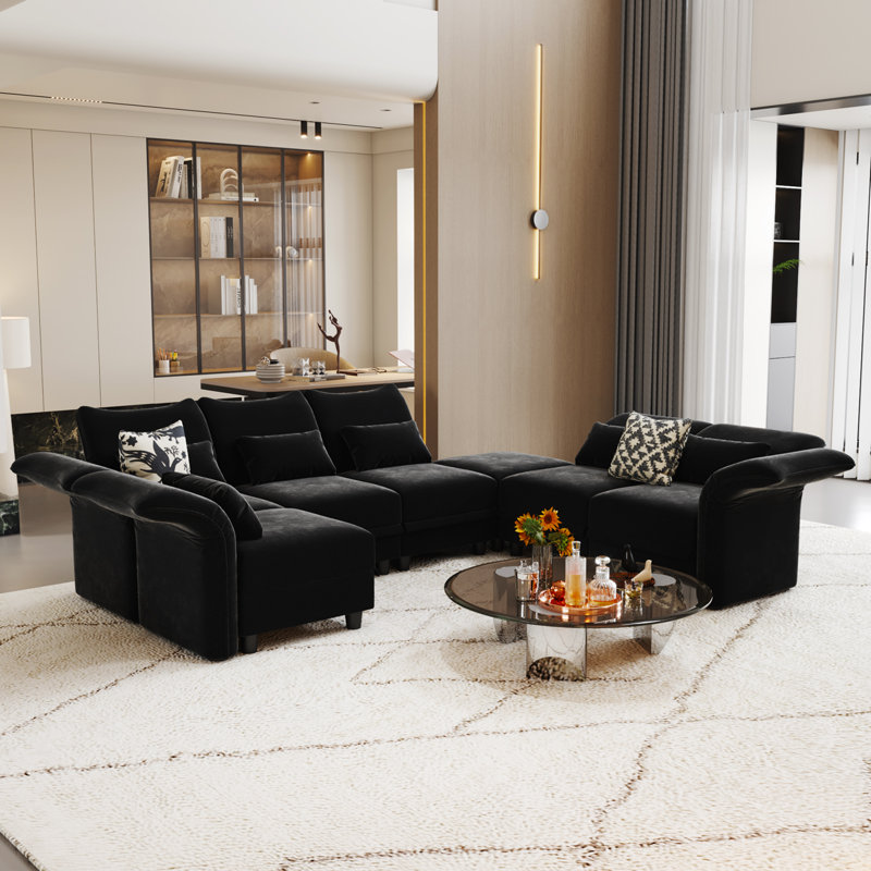 Caraline Upholstered Reclining Sectional Reversible, Black Microfiber/Microsuede