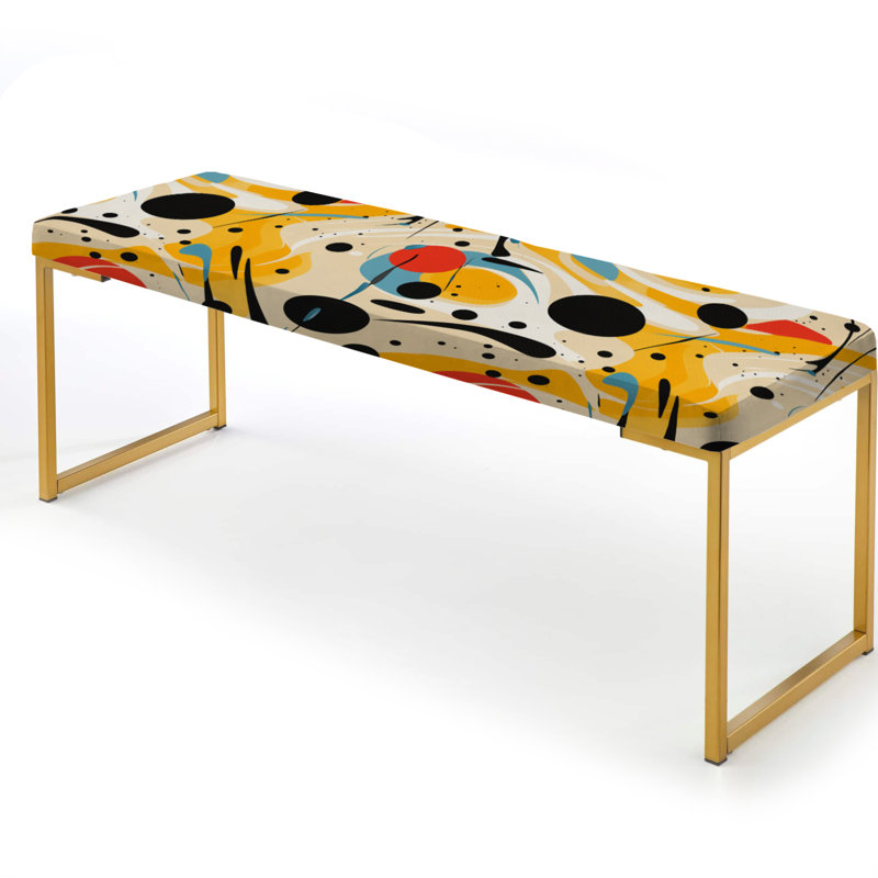Red - Abstract Upholstered Gold Bench, Blue/Yellow/Red Abstract