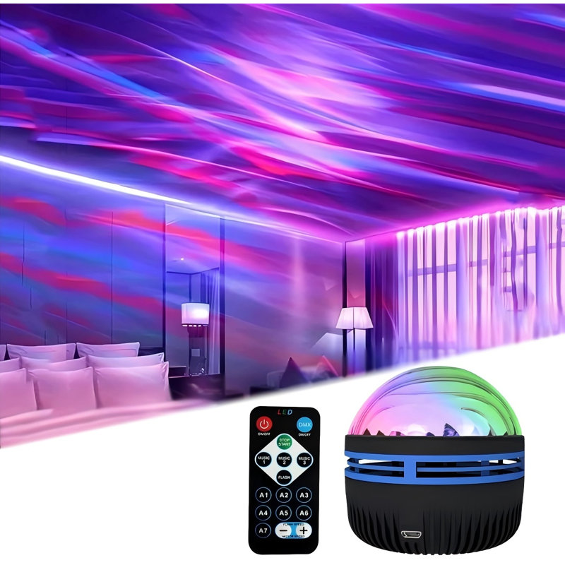 Veilleuse à projection d'eau RVB RVB, télécommande et son activée, lampe DEL alimentée par USB pour la chambre à coucher, la salle de jeux et la décoration de fête