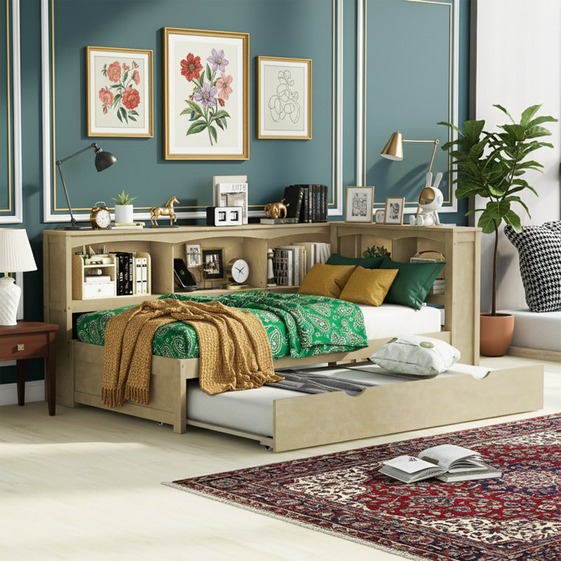Wood Color Twin Daybed With Trundle – Storage Cabinets, Usb Ports, Tool-Free Assembly, Wood