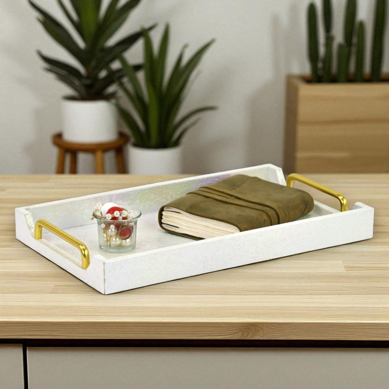 Nimue Seascale Pattern Iridescent Tray With Gold Hardware, White