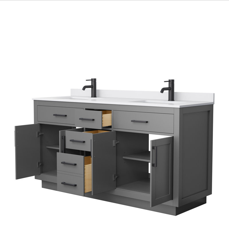 Beckett TK 66'' W Double Vanity, Matte Black, White Cultured Marble, Dark Gray