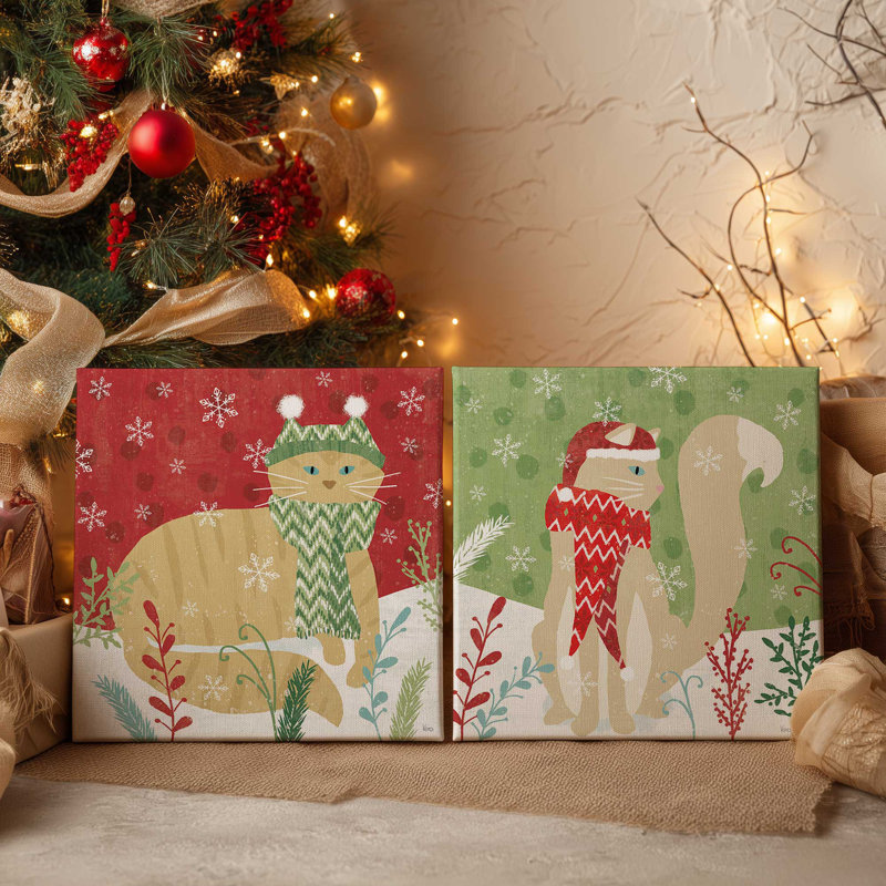 Cozy Christmas Kitty, ensemble de 2 impressions sur toile, 33" H x 66" W, Impression encadrée sans passe-partout