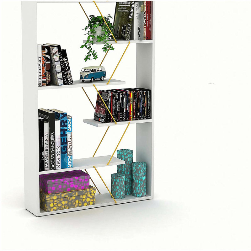 Bibliothèque à 6 tablettes à cadre en bois - Design industriel moderne pour le bureau et le salon, Blanc / Doré