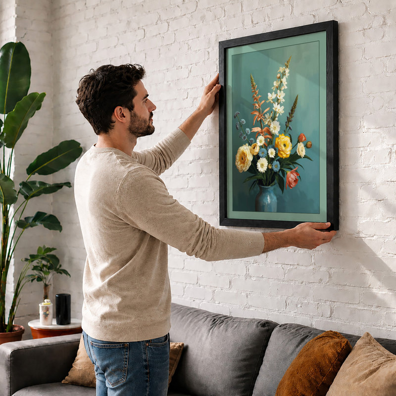 Blooms in Pale Blue Botanical - Framed Print, A2 - 59.4 x 42.0 cm, Black