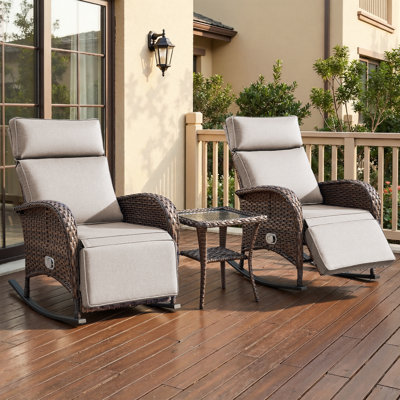 3-Pieces Outdoor Wicker Poolside Reclining Rocking Chaise Lounge With Adjustable Recliner And Side Table