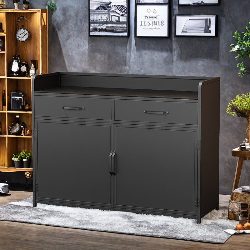 Buffet industriel moderne avec plateau en bois, Noir