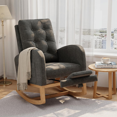 Adjustable Footrest Glider Armchair with Linen Burlap Upholstery, High-Back Modern Nursery Rocking Chair for Living Room or Nursing Room, Dark Gray (with Footrest)