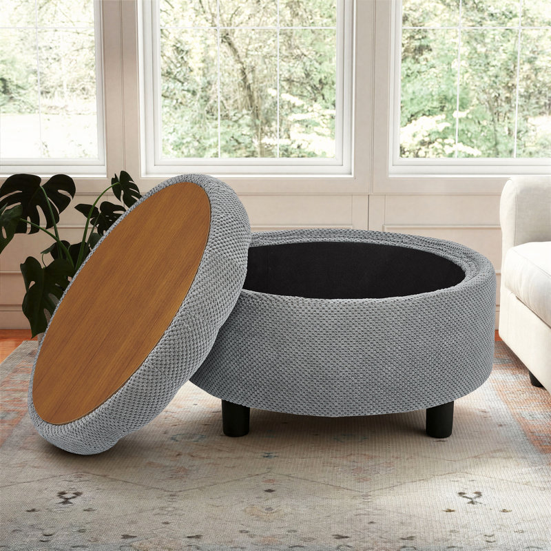 25" Round Storage Ottoman Coffee Table with Reversible Lid, Light Gray