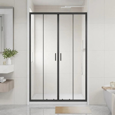Porte de douche coulissante encadrée 48 po x 72 po à 4 panneaux, ouverture centrale, verre trempé de 6 mm, cadre en aluminium noir