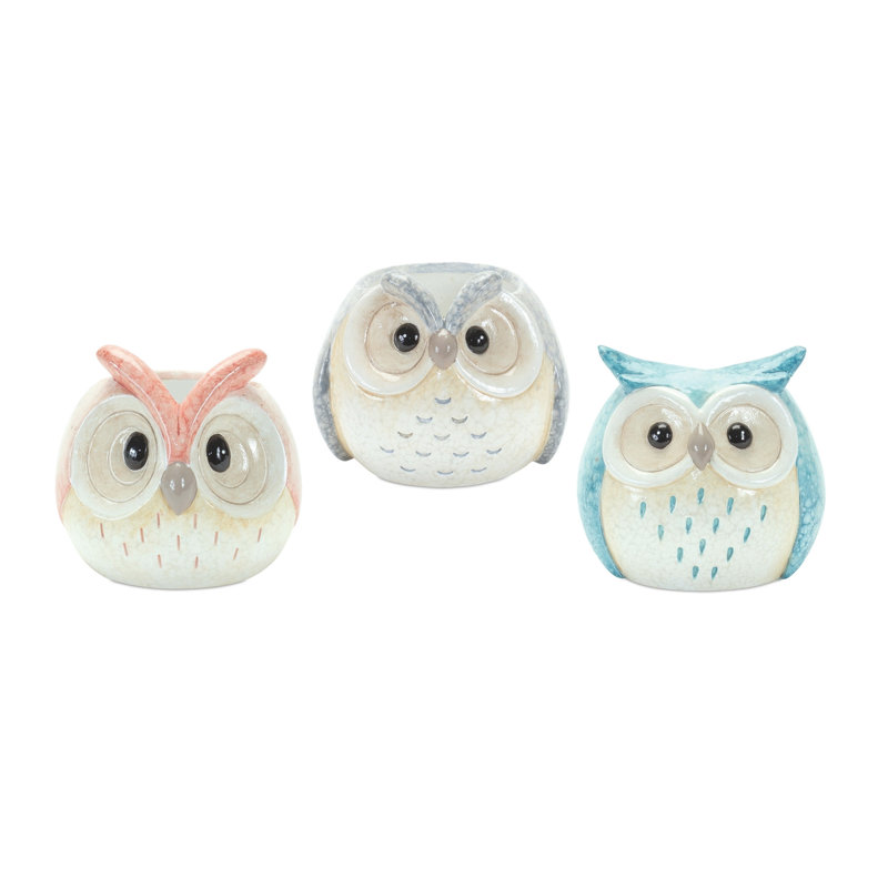 Ensemble de trois figurines de hibou bleu et gris en résine de 4 po