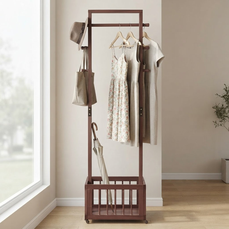 Portemanteau autoportant en bois massif avec roulettes et panier de rangement, Walnut