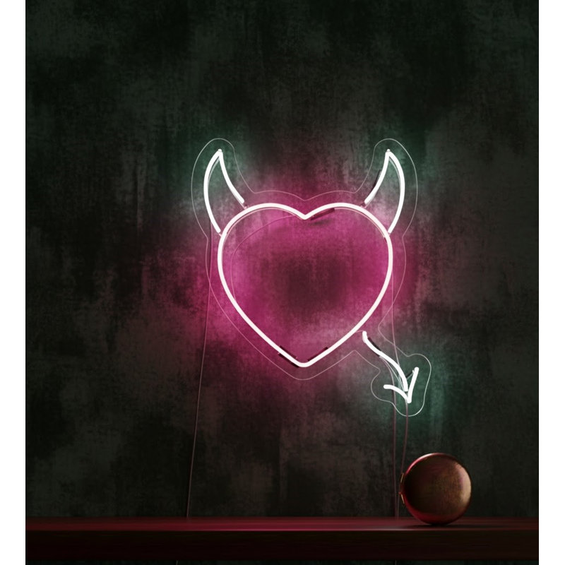  | Enseigne néon Devil Heart | Fabriqué avec un tube néon rouge durable et incassable qui crée une lueur vibrante et accrocheuse pendant plus de 50 000 heures sans scintillement ni intensité | 24 x 21 | Rouge