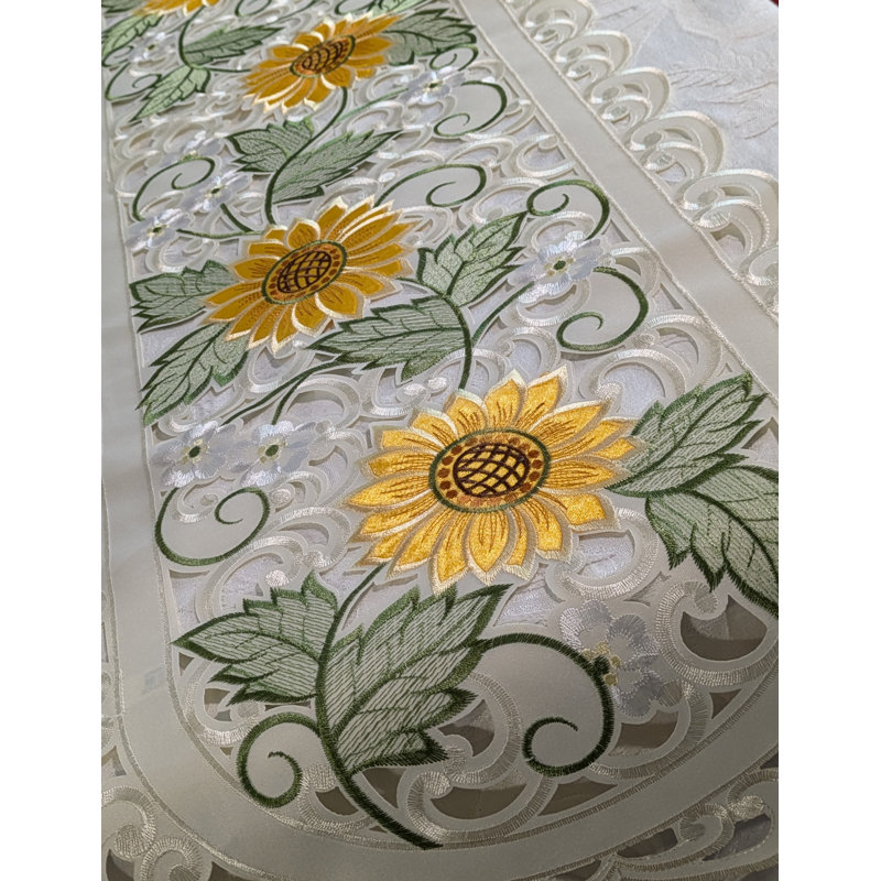 Sunflower Embroidered Cutwork Rectangular Table Runner, 45" L x 16" W