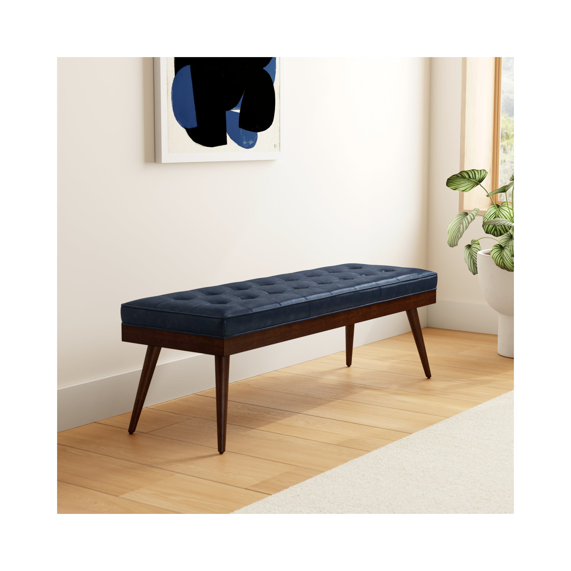 Luca Full-Grain Italian Genuine Leather Bench, Midnight Blue