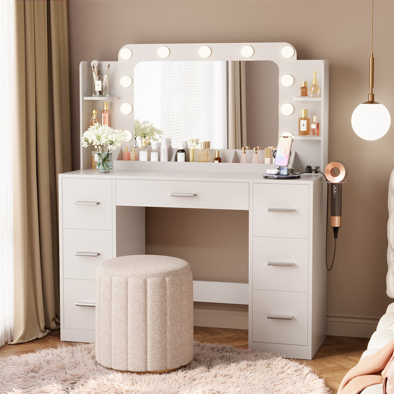 Vanity Desk with LED Lighted Mirror & Power Outlet, Modern Makeup Vanity Dressing Table with 7 Drawers, 3-Zone Desktop Storage, Hair Dryer Holder & 4 Open Shelves for Bedroom, Black/White/Pink