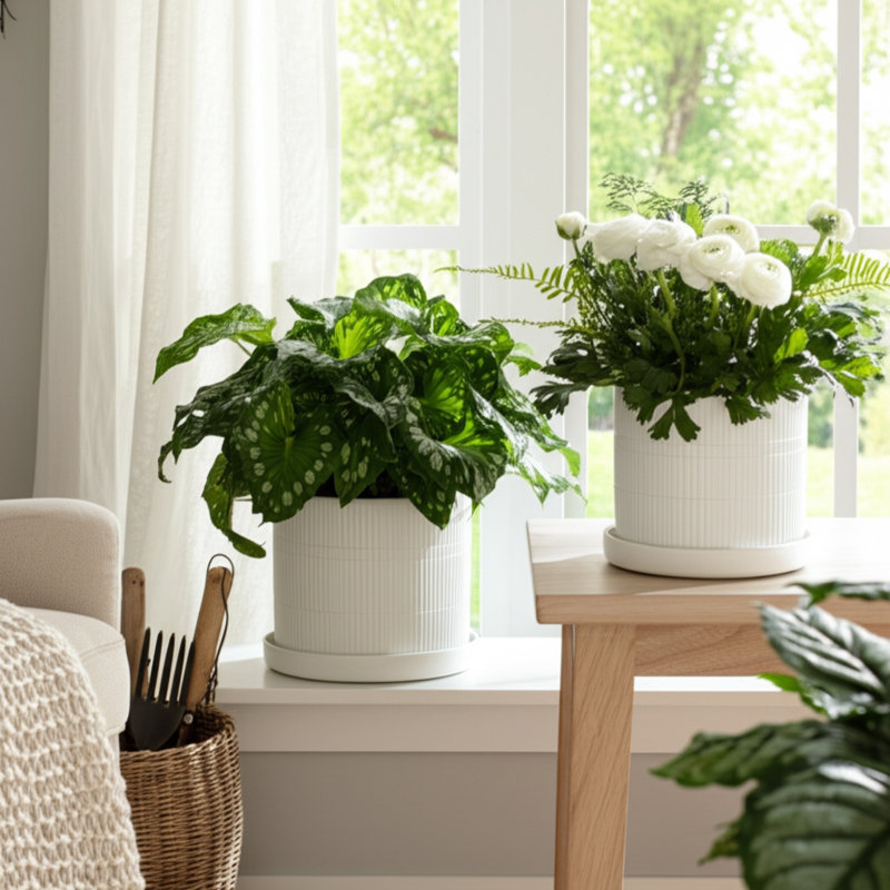 Ensemble de pots à fleurs en céramique à nervures en céramique pour intérieur / extérieur 2 - 10 ", 9" blanc