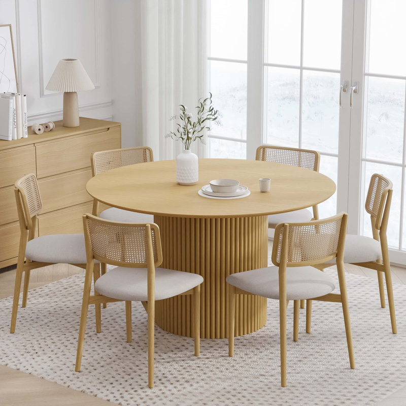 Solid Wood Dining Table Round Pedestal Kitchen Table, 30”H x 52”L x 52”W, Oak