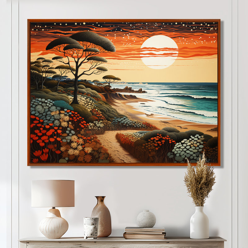 «Majestic Sunset Colorful Beach Path Quiet Waves», art mural plage, Cadre flottant noir, H 12 po x l 20 po