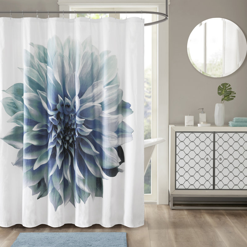 Rideau de douche en coton Norah, Blanc / bleu / bleu sarcelle