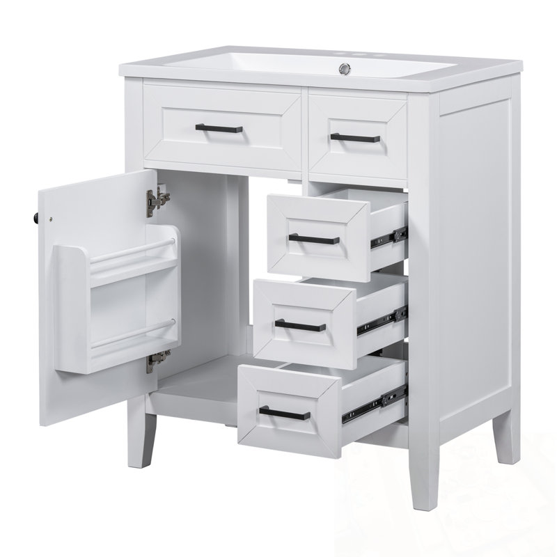Armoire de rangement de salle de bain avec lavabo, 3 tiroirs et tablette de porte, Blanc/Noir