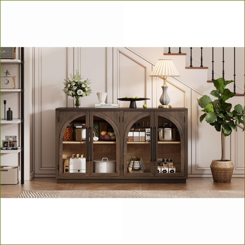 Buffet rétro en verre à 4 portes avec tablettes réglables, espresso | Bois d'hévéa + panneau de fibres à densité moyenne + placage de chêne