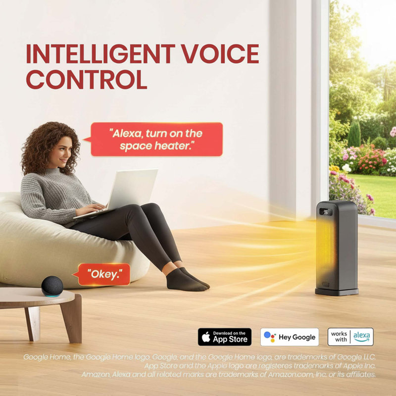 Smart 1500w Indoor Space Heater, Voice Control, Thermostat, Quiet 36db Ceramic For Bedroom And Office