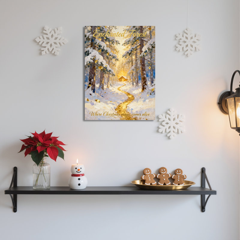 Tableau sur toile tendue « Forêt enchantée : magie de Noël », avec chemin doré et arbres enneigés, pour une décoration intérieure festive (1 pièce)