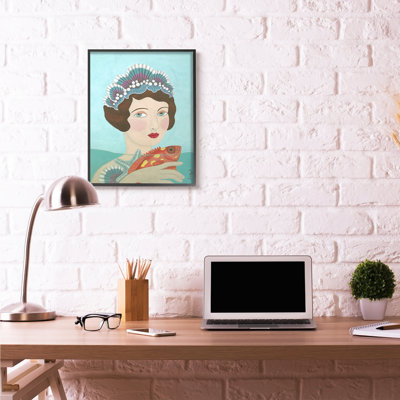 «Woman and Fish Blue Animal» par Sally B, reproduction d'art sur toile non encadrée