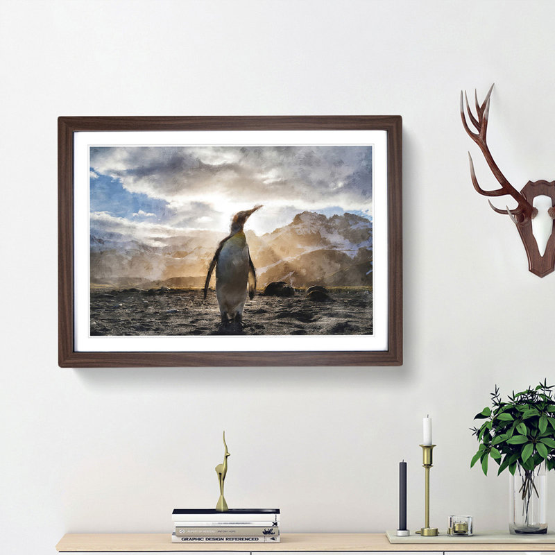 King Penguin - Picture Frame Painting Print, 24cm H x 33cm W x 2cm D, Walnut Framed