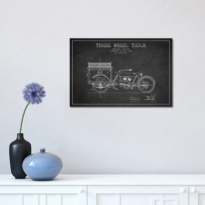 William S. Harley Three Wheel Truck Patent Sketch (Charcoal) 1 Piece Wrapped Canvas Wall Art