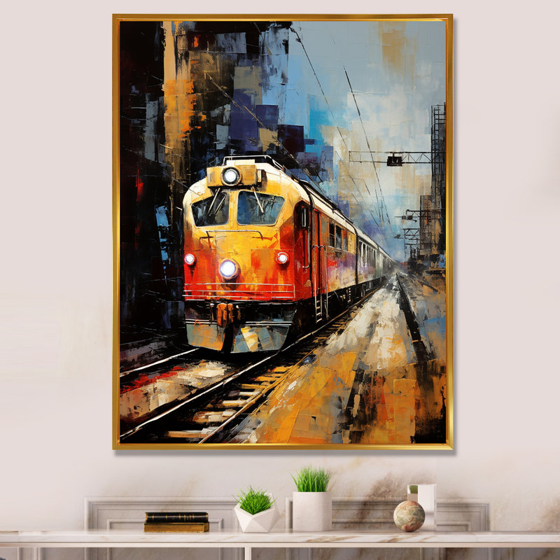 Voyage orange en train II - art mural moderne, salon, H 44 po x l 34 po x P 1,5 po, Cadre flottant doré