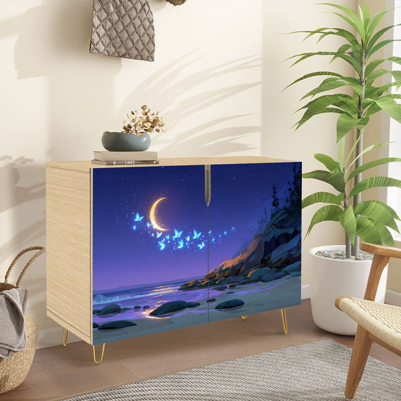 Buffet Buffet avec rangement Mystical Night Beach Glowing Blue Butterflies Crescent Moon avec 2 portes pour le salon et la cuisine