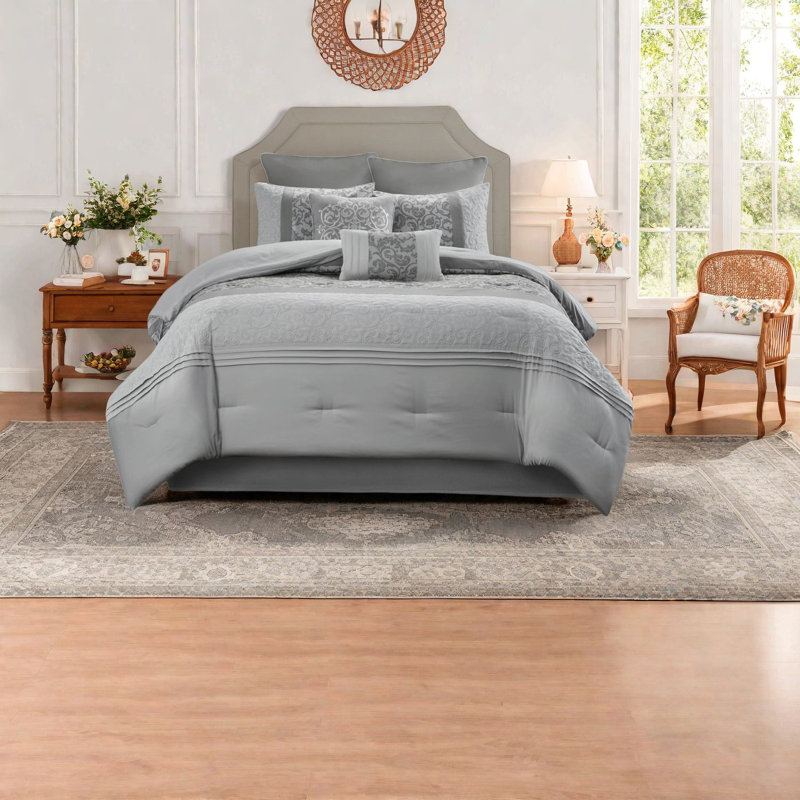 Elegant Grey Cal King Bedding Sets, Polyester Comforter With Hypoallergenic Fill