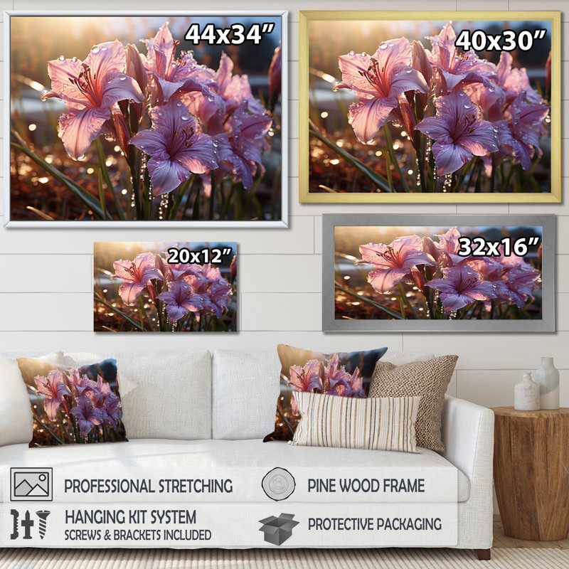 Iris rose champ I - décoration murale florale, 12" H x 20" W, Cadre flottant doré