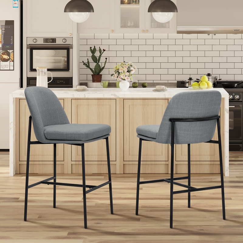 Tabouret de comptoir rembourré d'une hauteur de 25 po avec structure en métal, dossier et repose-pieds, Gris clair