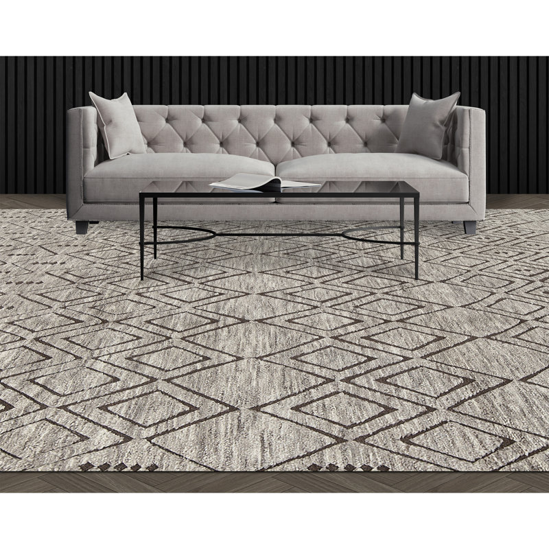 Wool Geometric Area Rug in Brown, Rectangle 9' x 12'