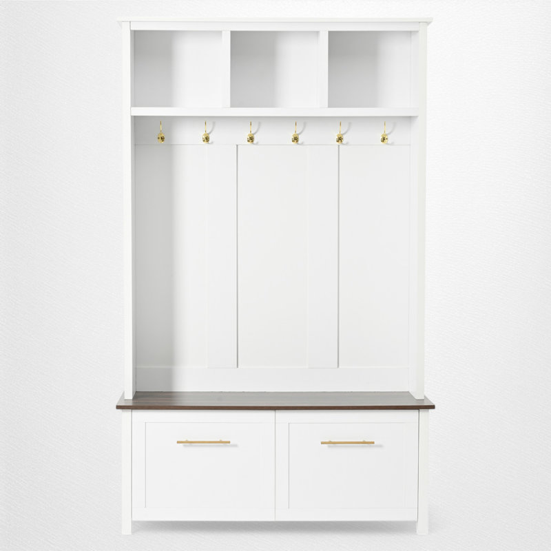 4-in-1 Hall Tree with 6 Golden Hooks, Wood Grain Bench with 2 Drawers and Storage, White, White/Brown 1
