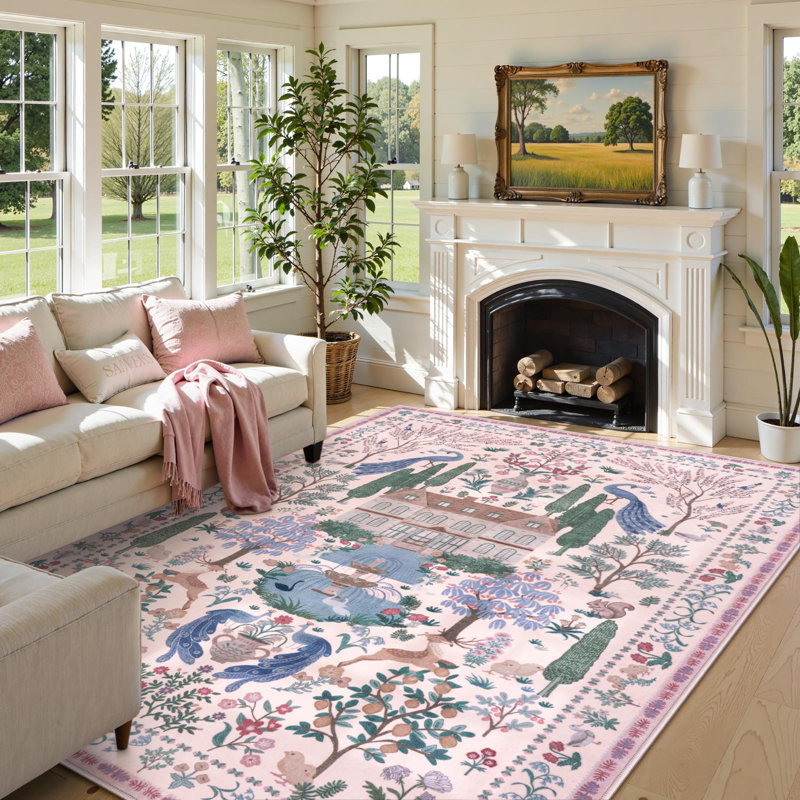 Tapis rétro rose floral lavable à la machine Goldene, Rectangulaire 8 pi x 10 pi