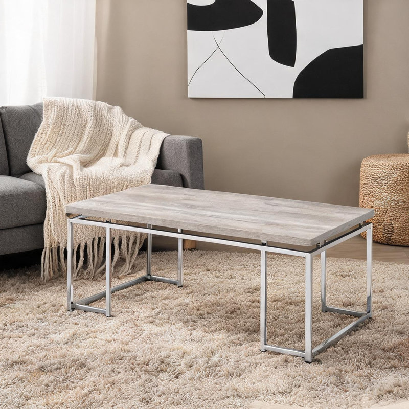 Table basse avec plateau en chêne massif, base traîneau chromée, 47,5 x 24,5 pouces, rectangulaire