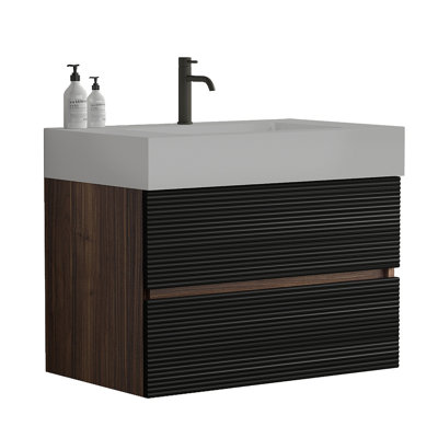Meuble-lavabo de 30 pi avec lavabo en quartz d'ingénierie et tiroirs noirs doux, meuble-lavabo mural flottant pour salle de bain moderne, lavabo blanc brillant une pièce, KD